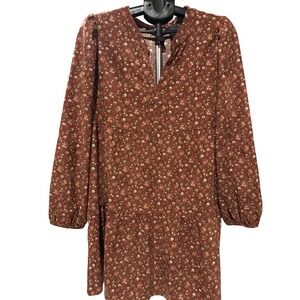 Women Burgundy Floral Corduroy Tiered Tunic Mini Dress Small Boho Split Neck